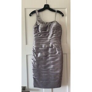 Adrianna Papell Collection Dress Beaded Tiered One Shoulder Silver Sz 6 Formal